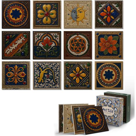 12 Stickers Carrelage 15x15cm Rétro Méditerranée Soleil Lune Imperméables (1/5)