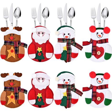 8 pièces Sac à Couverts Noël, Porte-Couverts de Costume de Noël, 4 Styles Bonhomme de Neige Elan Père Noël Titulaire Vacance Père Noël pour Décoration de Table Noel Sapin de Noël Costume (1/5)