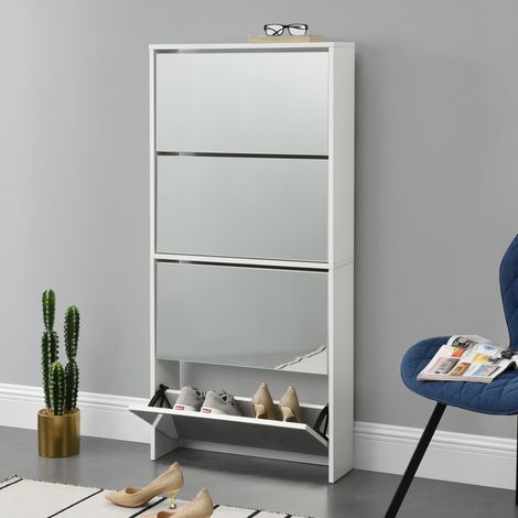 Scarpiera Vogar con 4 Contenitori Ribaltabili Mobile Portascarpe con Ante a Specchio 134x63x17 cm Bianco [en.casa] (1/4)