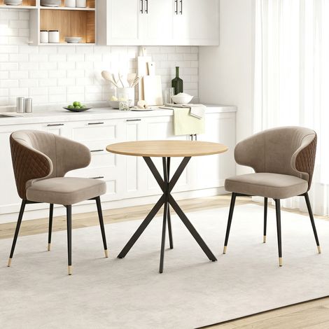 Table à manger ronde pour 2 personnes avec plateau aspect bois et piètement croisé en acier, blanc chêne (1/5)