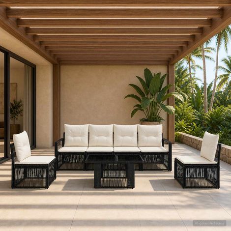 vidaXL Set Divano da Giardino 7 pz Nero e Bianco Crema polyrattan (1/5)