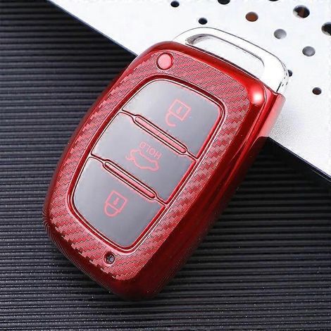 Schutzhülle aus TPU mit Carbonmuster für Autoschlüssel, passend für Hyundai IX35 Avante, Mistra, Elantra, Santa Fe, Tucson und Smart Key – Rot