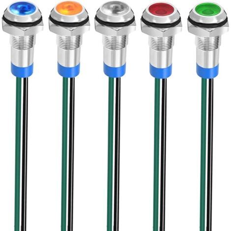 Pair 5pcs 8mm 3V-4.5V-5V-6V-7.5V-9V LED Métal Indicateur Lampe de Signalisation Étanche avec Fil (Rouge/Orange/Bleu/Vert/Blanc) (1/5)