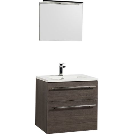 Waschbeckenunterschrank 60cm + Waschbecken + Spiegel + Beleuchtung MAIA / Räuchereiche/