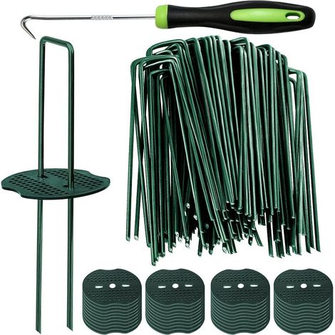 Lot de 100 piquets verts pour gazon artificiel + 100 rondelles tampon, agrafes de paysage de calibre 11 de 15.2 cm, goupille de sol robuste pour barrière d'herbe, tissu de gazon (1/5)
