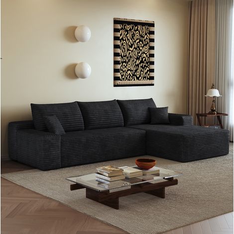 Canapé modulaire d'angle 270 cm noir en tissu côtelé avec méridienne réversible sans montage (1/5)