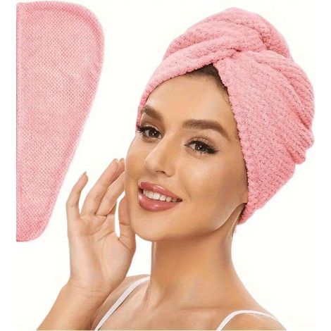 Lot de 2 serviettes pour cheveux en microfibre super absorbantes - Bonnet de séchage doux à séchage rapide et turban rehausseur de boucles avec fermeture à bouton (1/5)