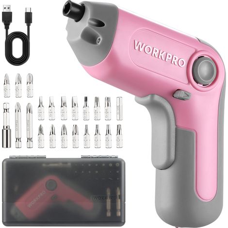 WORKPRO Perceuse Visseuse Sans Fil 6Nm 3,6V, Visseuse Devisseuse Excentrique avec 21 Embouts, Barre d'Extension, Batterie 2000 mAh, Lumière LED, Câble USB-C, Boîte de Rangement, pour Bricolage, Rose
