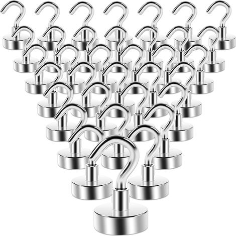Lot de 35 petits crochets magnétiques extra puissants - 16 mm - En néodyme - Avec crochets - Pour cuisine, camping, barbecue, bureau, extérieur et croisière - Argenté (1/5)