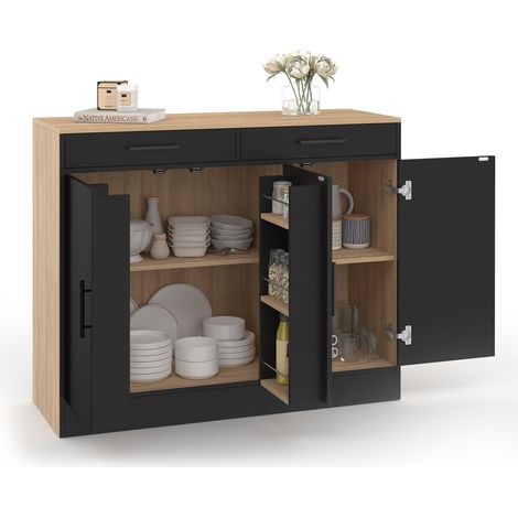 Buffet bas de cuisine 110 cm ALTO avec rangements façon hêtre et noir