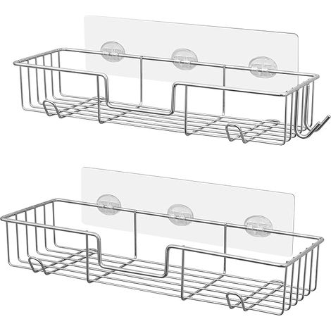 Panier de douche adhésif avec crochets, étagère murale de douche, organisateur de douche sans perçage pour salle de bain, acier inoxydable antirouille, lot de 2, chromé