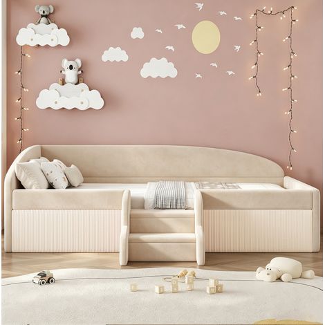 Etagenbett 90x190 cm beige in velluto con sponde e gradini antiscivolo (1/5)
