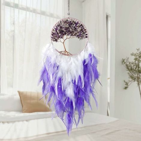 Attrape RêVes à Suspendre Au Mur Attrape RêVes en Cristal Fait à la Main Arbre de Vie Circulaire Avec Plumes DéCoration D'IntéRieur Traditionnelle BohèMe DéCoration Artisanale (Violet) (1/5)