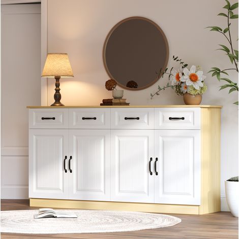 Aparador 160x35x80 cm blanco y natural en MDF con 4 cajones, 4 puertas y gran capacidad (1/5)
