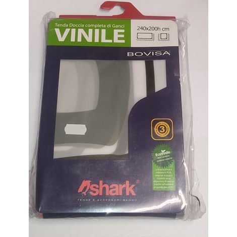 SHARK - TENDA DA DOCCIA COMPLETA DI GANCI IN VINILE LINEA BOVISA 240x200h cm - COLORE BIANCO CON SCRITTE NERE/ROSSE