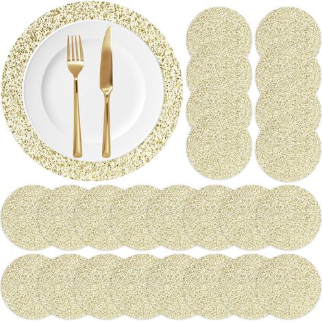 Maille Fine Set de Table Doré Rond, 24 Pièces 13-Pouces Dessous Assiette de Table Sets de Table Maille en Feuille d'or pour Restaurant Occidental, Fêtes de Mariage, Dîners de Famille (1/5)