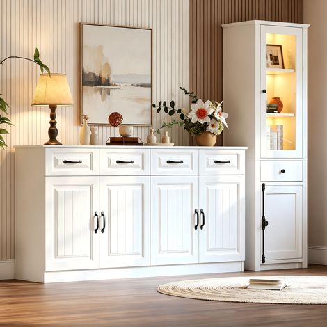 Aparador con vitrina LED, 160x35x80 cm + 55x40x200 cm, MDF blanco (1/5)