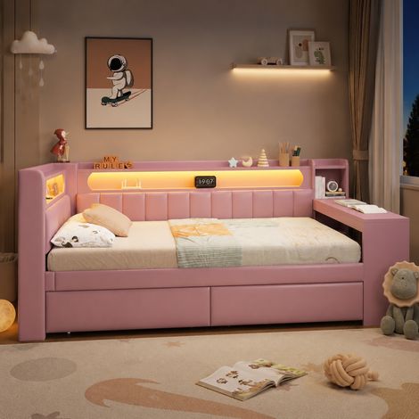 MEUBLIV Letto 90x200 cm rosa con scrivania, LED e 2 cassetti, senza materasso (1/5)