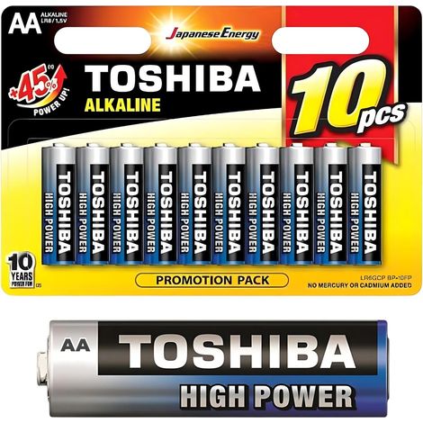 Toshiba Lot de 10 Piles AA, Batteries Alcalines LR6 1,5V, Ultra Longue Durée, 10 Ans de Conservation, Idéales pour Télécommandes, Jouets, Appareils Électroniques, 40700110 (1/5)