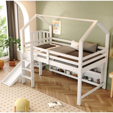 Cama infantil con tobogán y almacenaje blanca OKMYHOME (1/5)