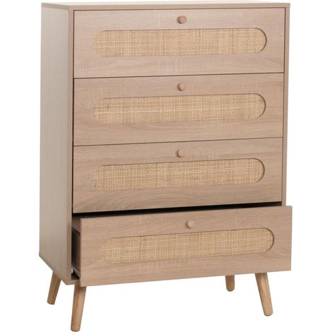 Cassettiera HHG-211, credenza alta, legno Kubu rattan, 101x71x42cm effetto rovere