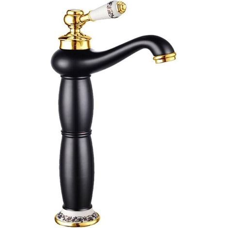 Robinet de salle de bain à col de cygne, à poignée unique, montage sur comptoir, à un seul trou, convient aux lavabos, robinet d'eau chaude et froide (noir et or). (1/4)