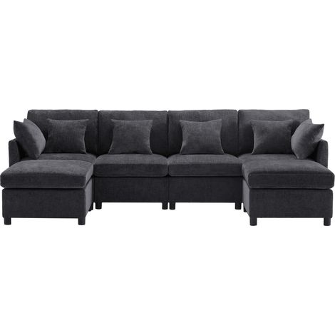 Canapé modulaire 4-6 places en chenille avec 2 poufs et 6 coussins, design convertible en U ou L (1/5)