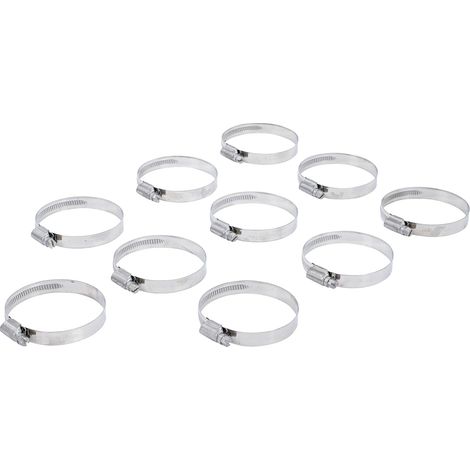 10 Colliers inoxydable 50 x 70 mm Largeur bride 12 mm Pour tuyaux 50 à 70 mm Présentoir vente (1/4)