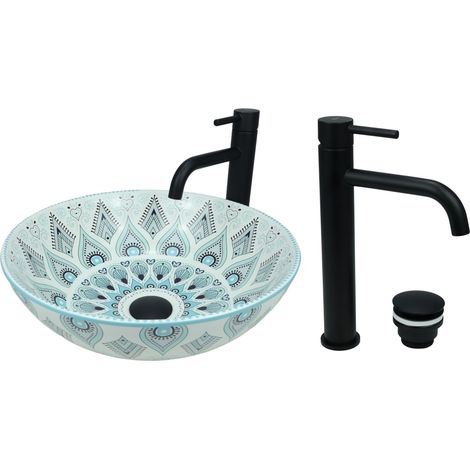 GTM Design Aufsatzwaschbecken 40 cm Glanz Set mit Waschtischbatterie und Stopfen - Aufsatzwaschbecken Oval für Badezimmer - Modernes Waschbecken ohne Hahnloch - Waschbecken mit Armature (1/5)