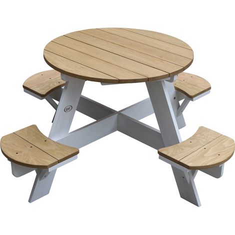 Table de pique-nique ronde en bois hemlock 100% FSC – Résistante aux intempéries – Pour 4 enfants – Marron et blanc – AXI