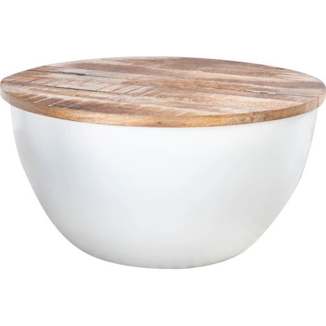 Tavolino basso TRIANE 60 cm con contenitore – Piano in legno di mango e struttura in metallo bianco opaco