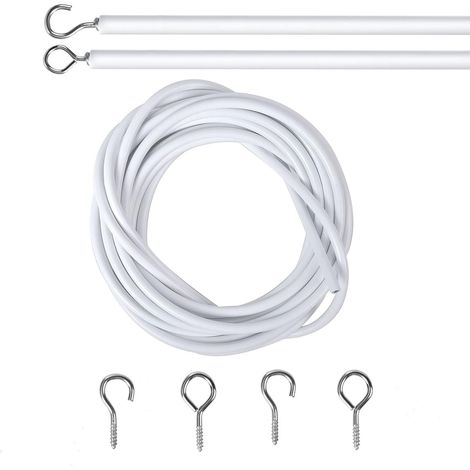 2M Cable pour Rideaux, Blanc Fil de Rideau avec 2 Pièces Piton à Visser Boulons à Oeil et 2 Pièces Crochets à Visser, Câble de Rideau Enduite de Plastique, Cable Rideau Tringle Rideau Souple (1/5)