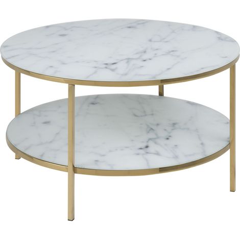 Almaz Table basse Ø80 cm, impression marbre blanc, chrome doré.
