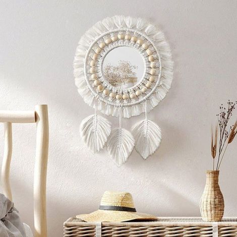 Miroir Macramé Rond - Diamètre 32 cm - Coton Naturel - Montage Mural - Décoration Intérieure Bohème - 1 Pièce (1/4)