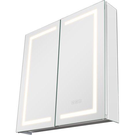 Armoire à pharmacie éclairée avec miroir, 65 x 65 cm, encastrable ou murale, éclairage LED 3 couleurs à intensité variable, miroir HD, étagères réglables, fonction antibuée à mémoire. (1/5)