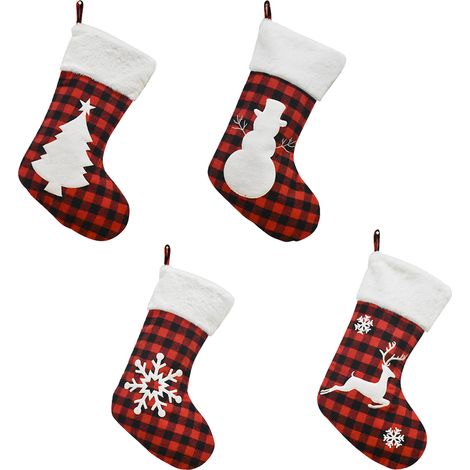 Calcetín Navideño - Cuadros Rojo Negro - Para Chimenea - 4 Unidades (1/5)