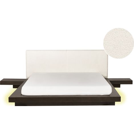 Cama LED moderna con plataforma mesitas de noche cabecero de bouclé madera de fresno oscuro 160 x 200 cm Zen