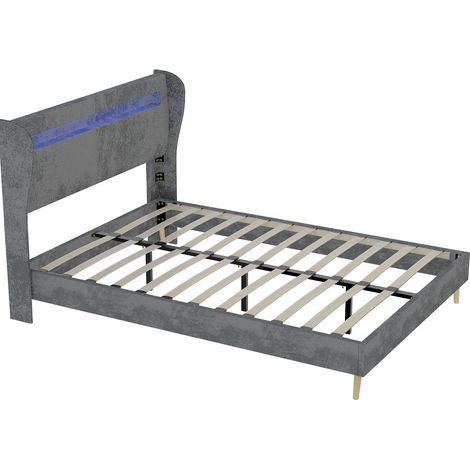 Cama capitoné 140 x 200 cm gris con LED, estructura baja de tela y metal, sin almacenaje (1/5)