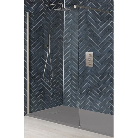 Milano Hunston Brushed Nickel Recessed Walk In Wet Room Shower Enclosure with Screen Support Arm and Light Grey Slate Effect Tray - 1100mm x 700mm (1/5)