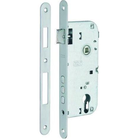 Boitier de serrure encastrable à cylindre pour porte d'entrée, axe 45mm, entraxe 85mm, bouts ronds, chrome - (1/5)