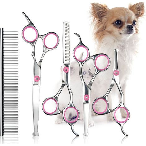 Lot de 6 ciseaux professionnels pour chien : coupe, effilage, peigne et chiffon de nettoyage inclus