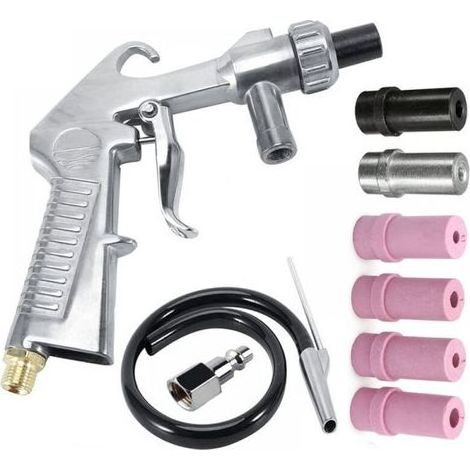 Pistolet Sablage Air Comprimé Sandblaster avec Tuyau d'Alimentation de 1 M, Pistolet à Sable Sand Blaster avec 3 Buse de 6mm de Céramique, Métallique Blanche et Noire, un Raccord d'Air (1/5)