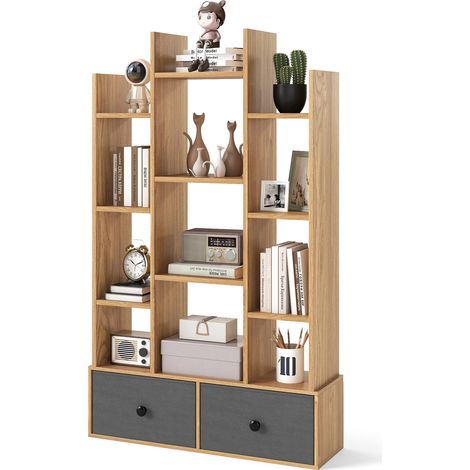 COSTWAY Open-Back Bookshelf Wood Bookcase w/ 12 Compartments-Natural (1/5)