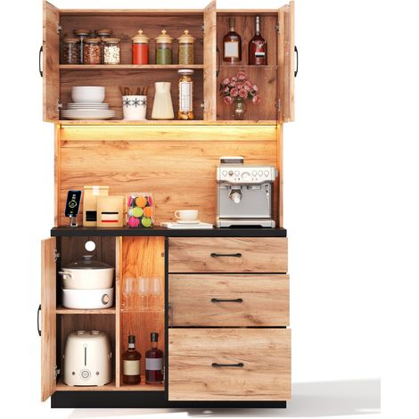 Armoire haute de cuisine moderne 105 × 40 × 180 cm, noir et aspect bois, avec éclairage LED, étagères réglables et prise au style européen, adaptée aux cuisines, salles à manger, salons, etc. (1/5)