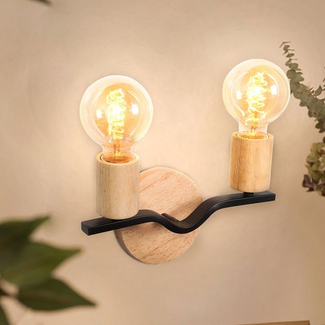 AXHUP Applique Murale Industrielle Vintage 2 Lumières E27 Lampe Murale en Métal Luminaire Rétro pour Chambre Salon Cuisine Noir+Bois (1/5)