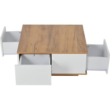 Quadratischer Couchtisch 70 x 70 x 31,5 cm mit 3 Schubladen und offenem Fach, Weiß/Holzoptik (1/5)