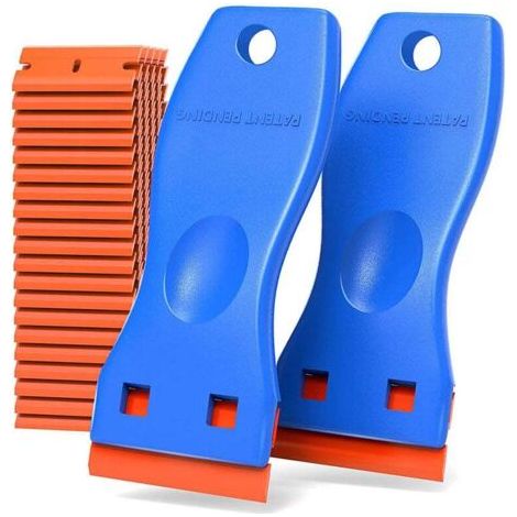 Grattoir en plastique anti-rayures, 2 grattoirs bleus + 100 lames, jeu de grattoirs dissolvant de colle (1/5)