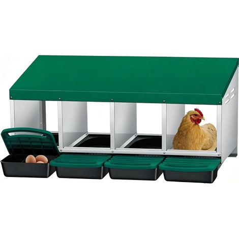 Pondoir Poules 4 Compartiments en Acier et Zinc - avec Bac de Récupération - Mural ou Posé - 106x48x47 cm - Vert (1/5)