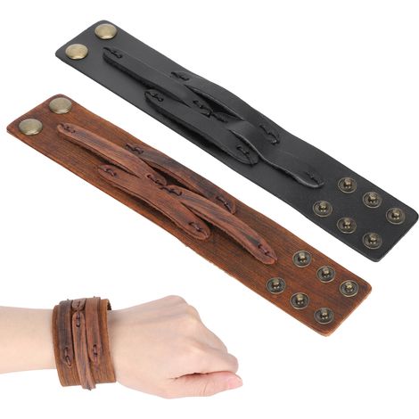 2Pcs Leather Bracelet HandMade Retro Adjustable SnapFastener Casual Ladies Punk Jewelry (1/5)