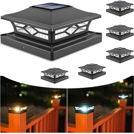 Solar-Pfostenleuchten: 6er-Pack schwarze Pfostenkappenleuchten für Außenterrassen für Dockzäune, wasserdicht, 2 Farbmodi, 4x4/6x6 Holz-/Vinylpfosten